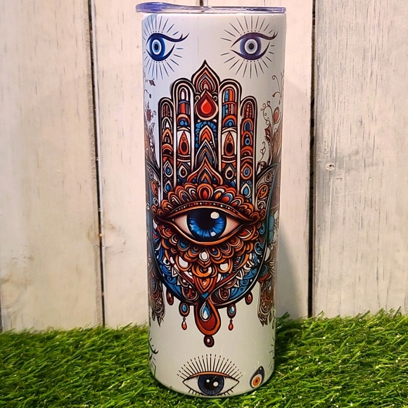 Hand Evil Eye Protection HAND OF MARY/FATIMA Skinny Tumbler- NWT 20oz SS… - Picture 1 of 5